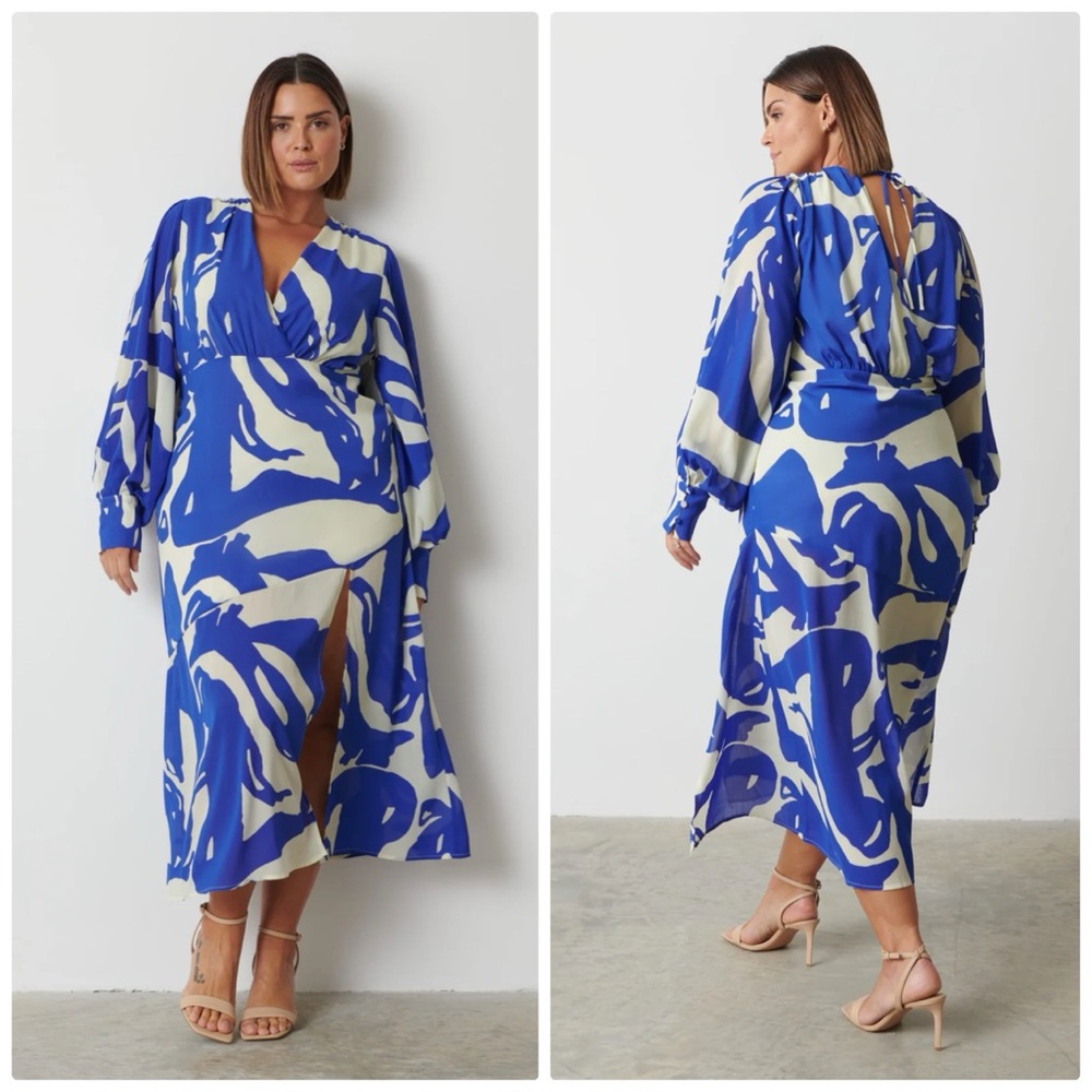 Pretty Lavish Lilianna backless balloon sleeve printed dress in blue abstract 16